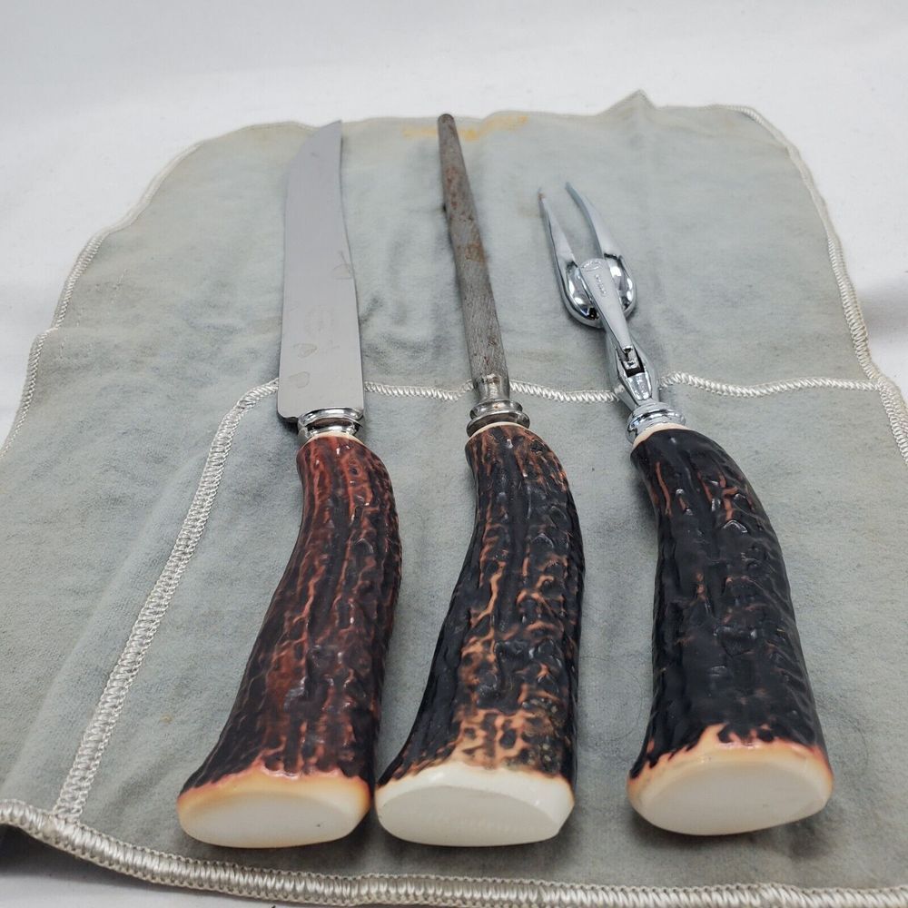 Vintage Sheffield Everbrite Faux Antler 3pc Cutlery Carving Set Made in England - Picture 2 of 9